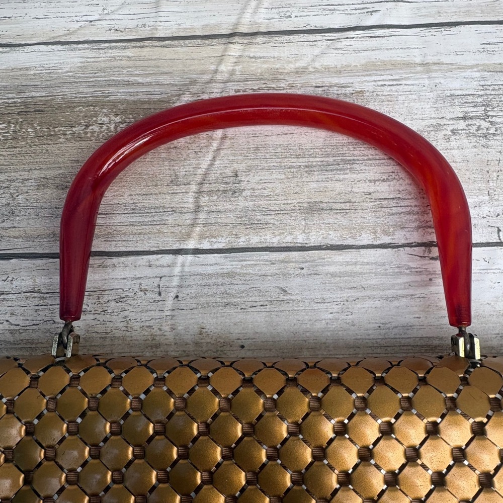 VTG Whiting & Davis Handbag Bronze Mesh Lucite Top Handle MCM Glamour Art Deco - Picture 11 of 15